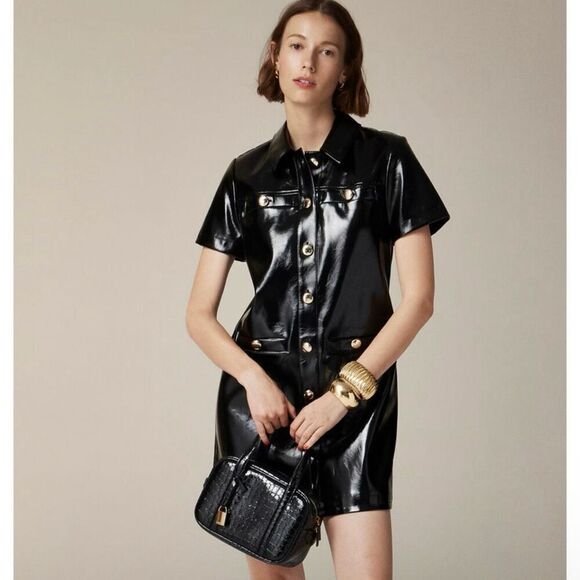 J. Crew Dresses & Skirts - J.Crew Collection Gamine Shirtdress Faux Patent Leather Dress Black Size 2 NWT